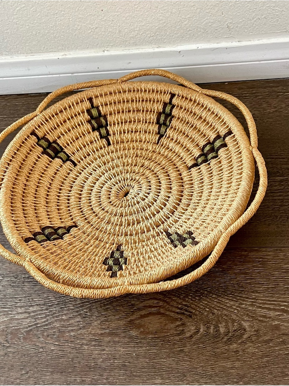 Handwoven Decorative Seagrass Tray Basket - Natural with Olive & Black Accents